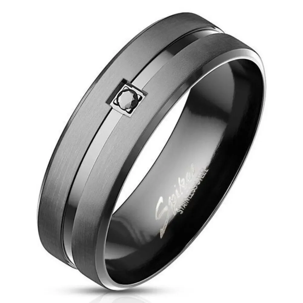Black CZ on Matte Black Center‎ with Shiny Groove Stainless Steel Ring Sing 10